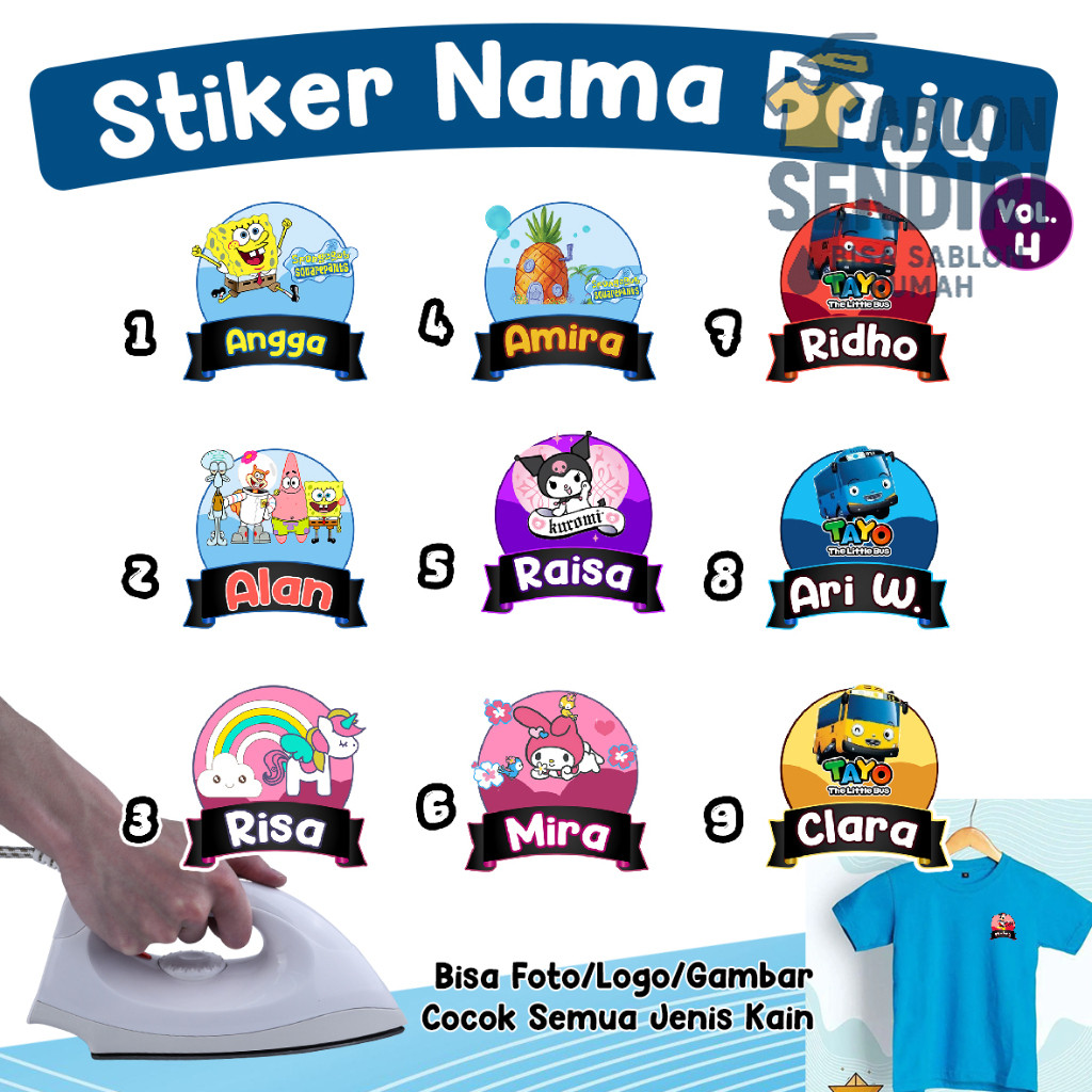 

STIKER BAJU NAMA CUSTOM - Vol.4 Lingkaran 21pcs / Label Kain Kaos Karakter Lucu/ Sablon Setrika