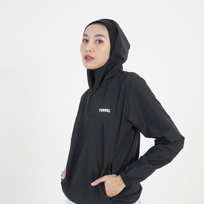 Terrel women basic cagoule jacket black olah raga gym lari running sport - S