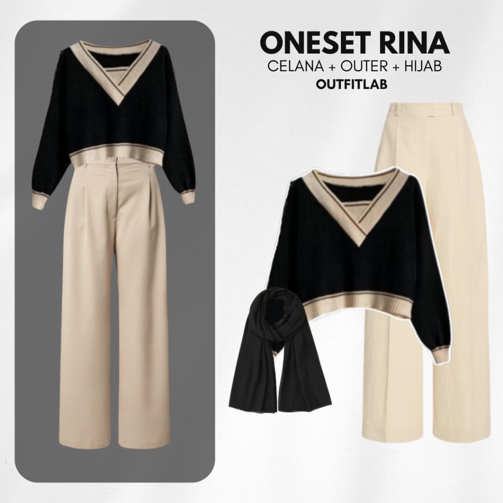 Outfit Set Rina Hijab Wanita Sweater Rajut Kulot Loose Pants Pashmina Jersey Setelan OOTD Kuliah