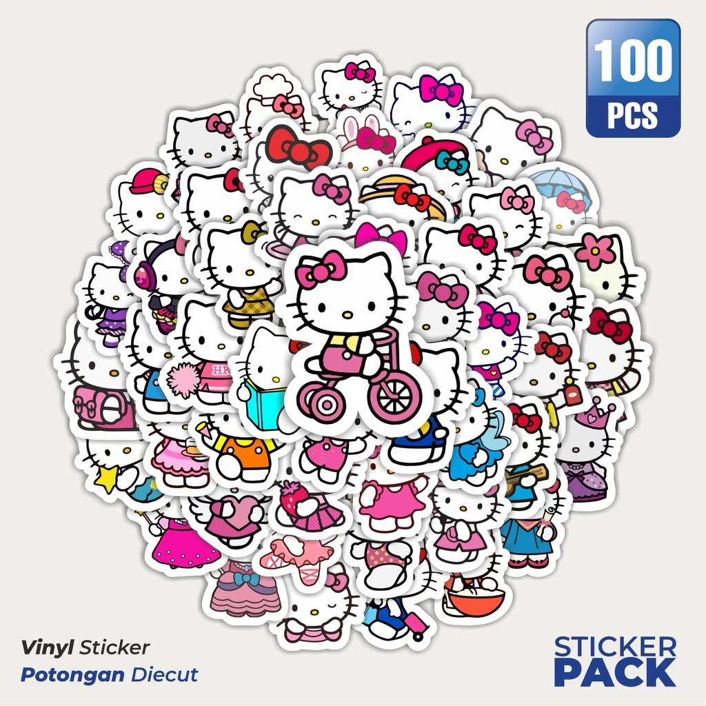 

100 PCS STIKER Kartun Hello Kitty Waterproof Aesthetic- Untuk Laptop, Motor, dan Helm - Paper Stationery Pack