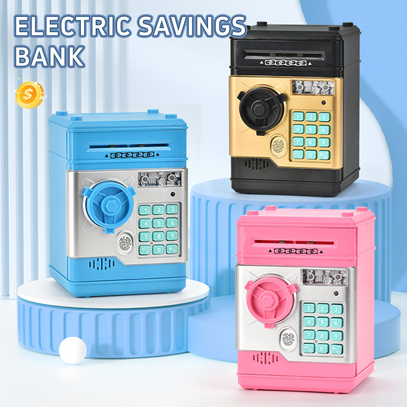 

Children Electric Storage Box Safe Toys Fingerprint Password Dual Unlock ATM Purple Light Banknote Detector Piggy Bank Kid Gifts