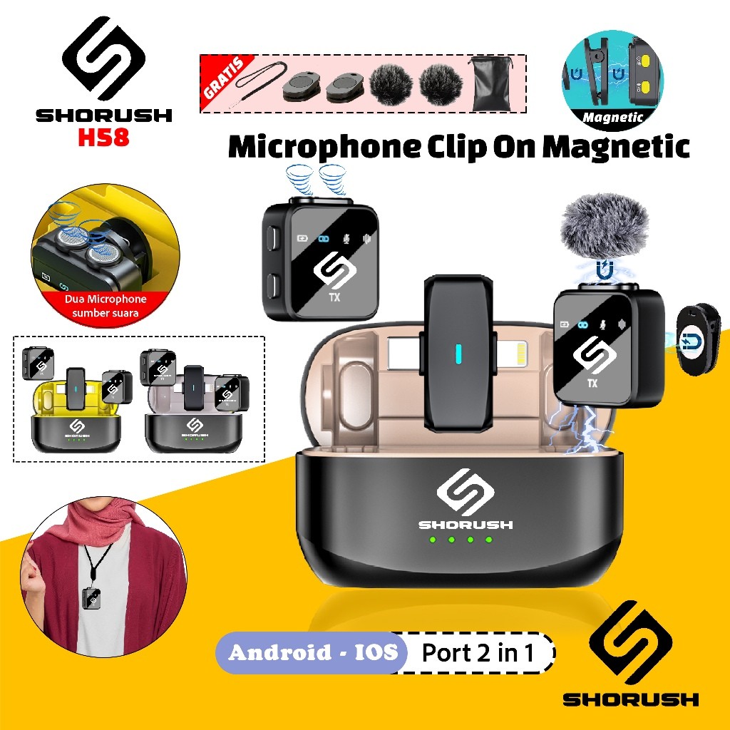 Shorush H58 Dual Wireless Microphone Clip On 2-In-1 Mic Magnetic Mikrofon Nirkabel Lavalier 2 In 1 R