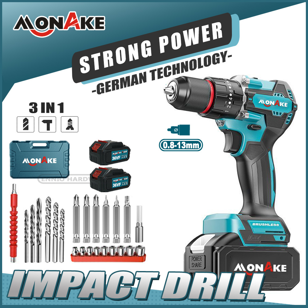 MONAKE Alat Jerman Brushless 3in1 Mesin Bor Listrik Bor Baterai Bor Listrik Bor Tanpa kabel Mesin Co