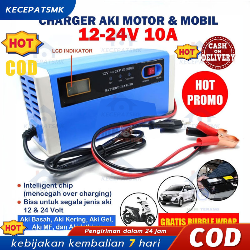 Charger Aki Mobil Motor 12V-24V 10A/ Charger Aki Portable 12V-24V 10A Mobil dan Motor LCD Indicator 