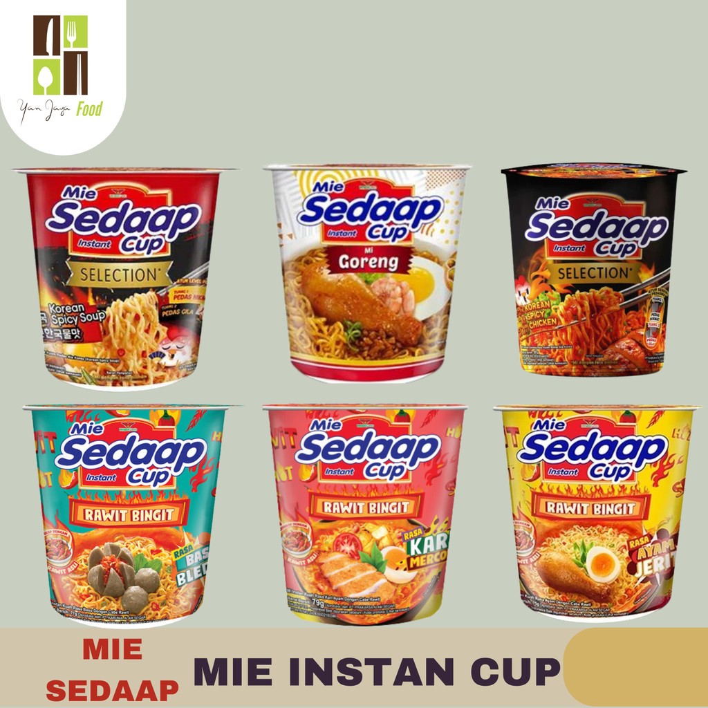 

Sedaap Mie Instan Cup / Rasa Spicy Chicken Soup / Korean Spicy chicken / Baso Bleduk / Ayam Jerit / Kari Mercon / Mi Goreng / Mie Instan Kuah / Mie Instan Goreng