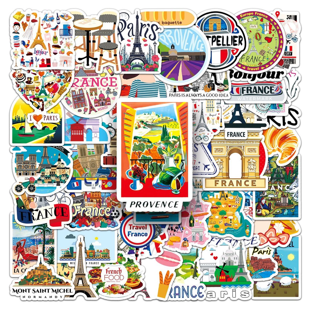 

10/50PCS France Cartoon Stickers Tourism Scenery Graffiti Landmarks Decals Culture Decoration Laptop Guitar Car Bike Decoration