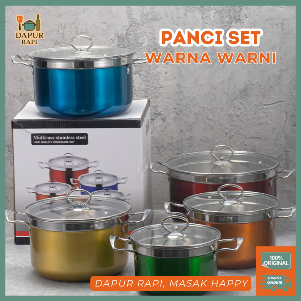 Dapur Rapi - Set Panci Stainless Warna Warni Tutup Kaca Anti Karat 5 Pcs Serbaguna 287
