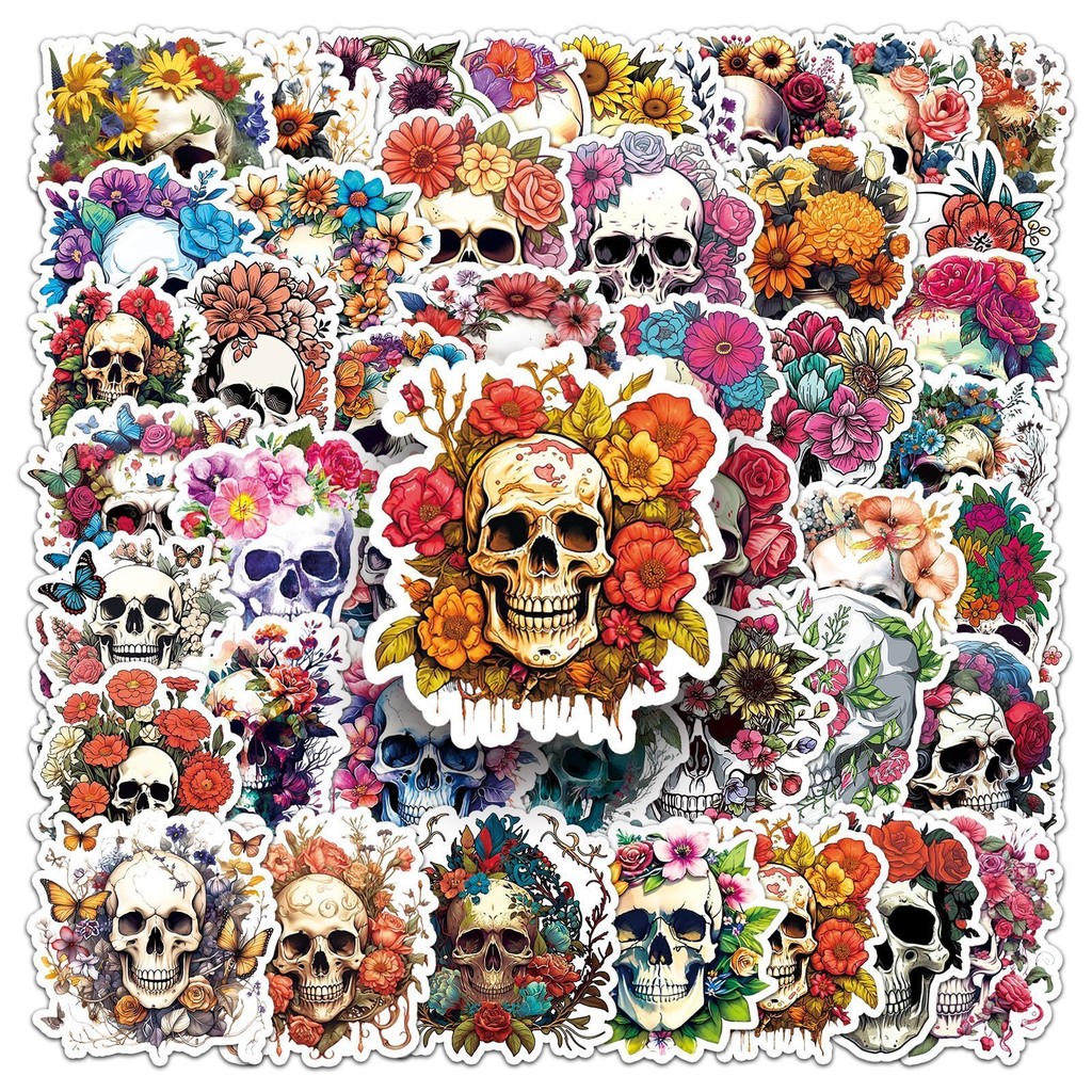 

10/50pcs Cool Pop Horror Skull Flower Stickers Aesthetic Decals DIY Stationery Luggage Laptop Helmet Motorcycle Graffiti Sticker