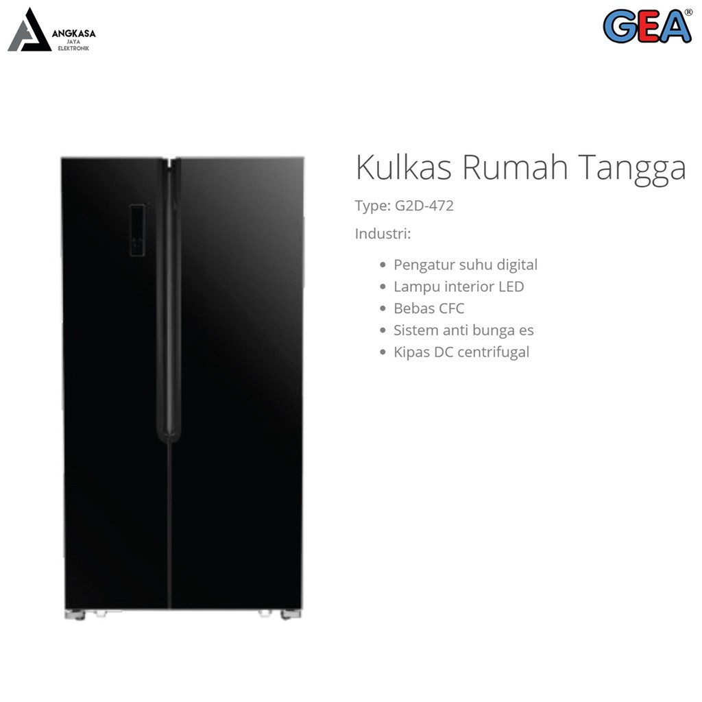 KULKAS GEA SIDE BY SIDE 472BLACK(GLASS) (MURAH, BERGARANSI,MEDAN ONLY) MEDAN