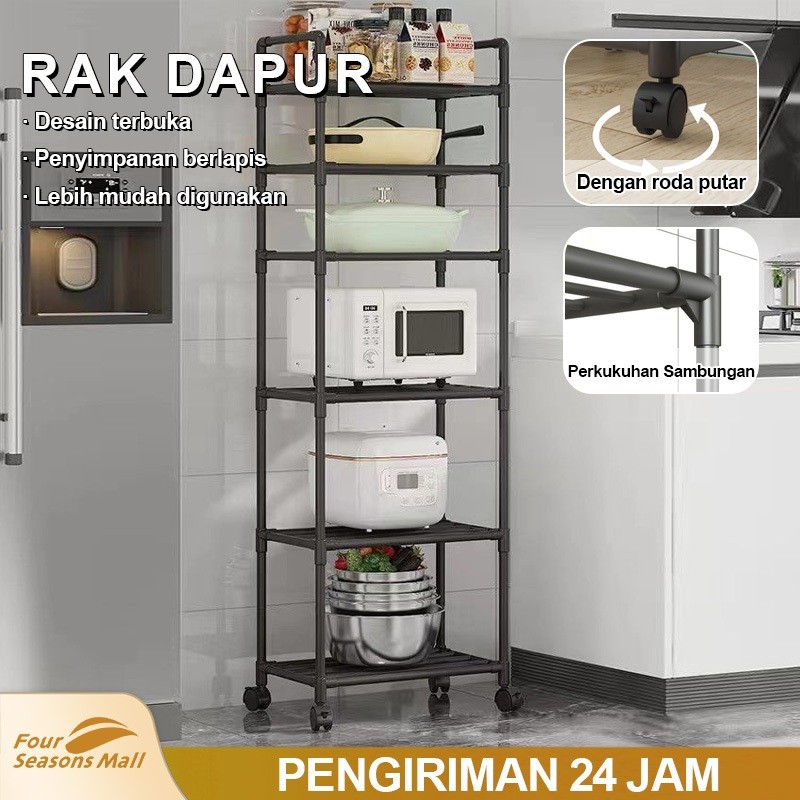

[Four Seasons Mall]Rak Susun Serbaguna Logam 2/3/4/5/6 Tingkat, Rak Dapur Multi-Lapisan Rak Penyimpanan Troli Microwave Oven Rak Pot