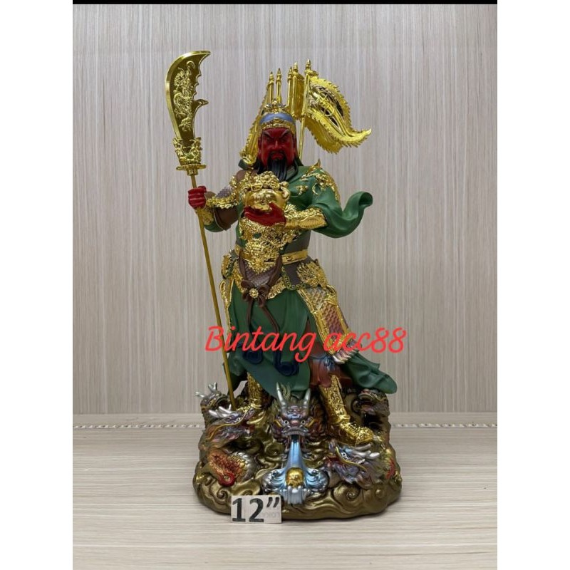 patung dewa kwan kong/ kwan kung / kwan te - 12inch - fiber - 5bendera - naga - gentong