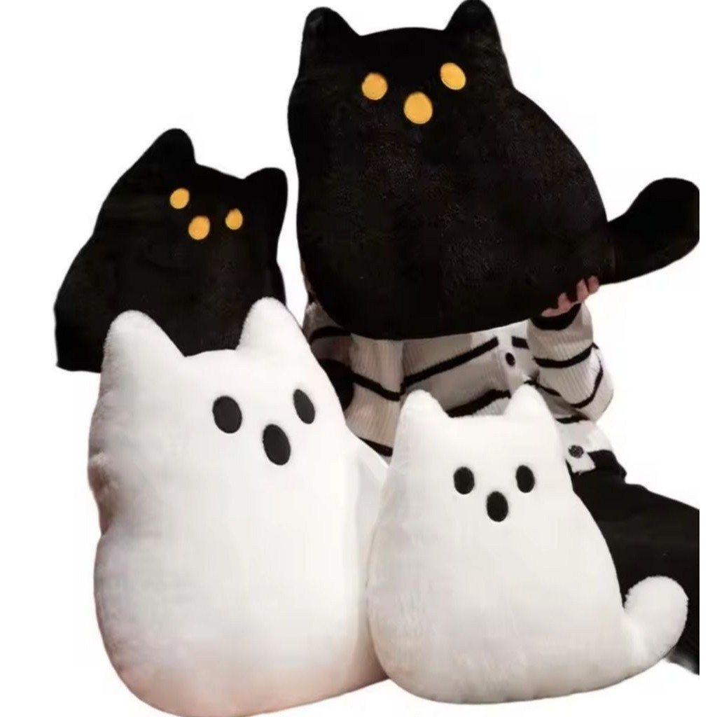 BONEKA Halloween Style Ghost Cat Plush Toys PP Cotton Kawaii White Cat Plush Pillow Cartoon Cute Bla