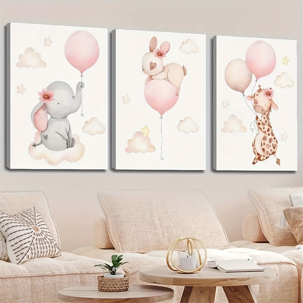 

3pcs Minimalist Animal Canvas Prints - Elephant, Rabbit, Giraffe with Pink Balloons - Frameless Nursery Wall Art for Youngsters'