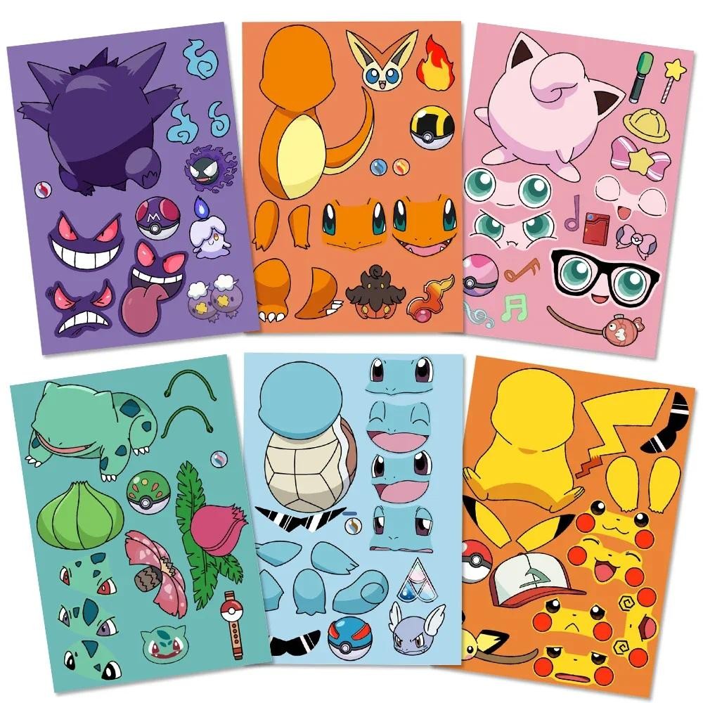 

8/16 Sheets Pikachu Pokemon Children Puzzle Stickers Make-a-Face Funny Assemble Jigsaw DIY Cartoon Sticker Kid Educational Toys