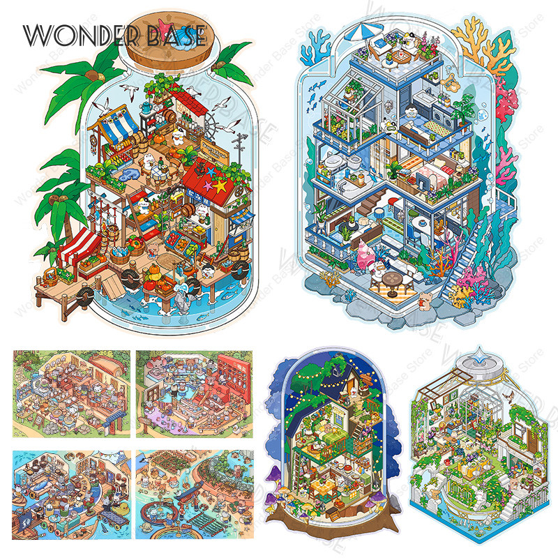 

3D Cute Animal Sky Ocean Store Miniature Scene Sticker DIY Landscape Sticker Pocket Cabin Scene Stacking Gift for Kid Child