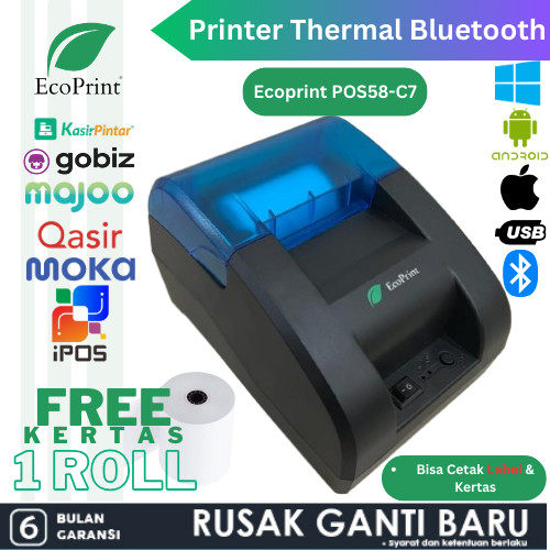 

ECOPRINT Printer Bluetooth Kasir POS58 [Usb+Bluetooth+Rj11]