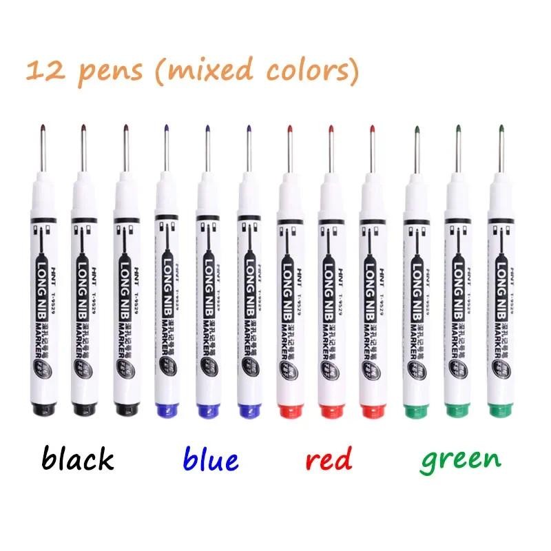 

12PCS Long Head Markers, 30MM Deep Hole Marker Pen, Red/Black/Blue/Green Ink Oil Bathroom Woodworking Decoration Multi-Purpose