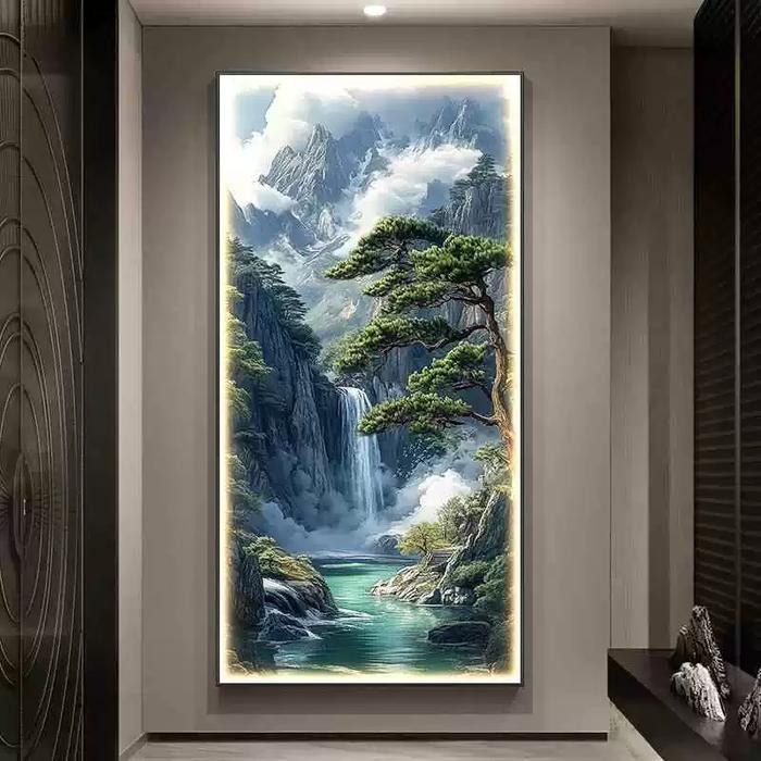Lukisan Porcelain Painting Diamond Pemandangan Gunung Biru LED