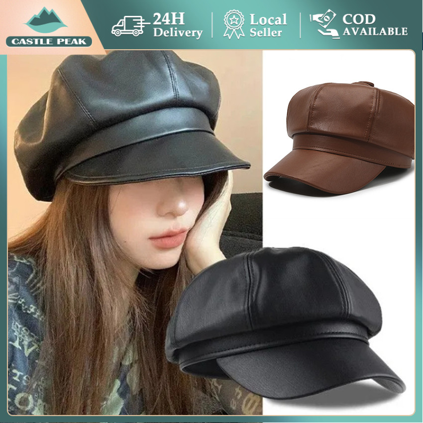 Topi Baret Kulit PU Korea untuk Musim Dingin, Beret Wanita Trendy Winter Hat Baret Casual Premium
