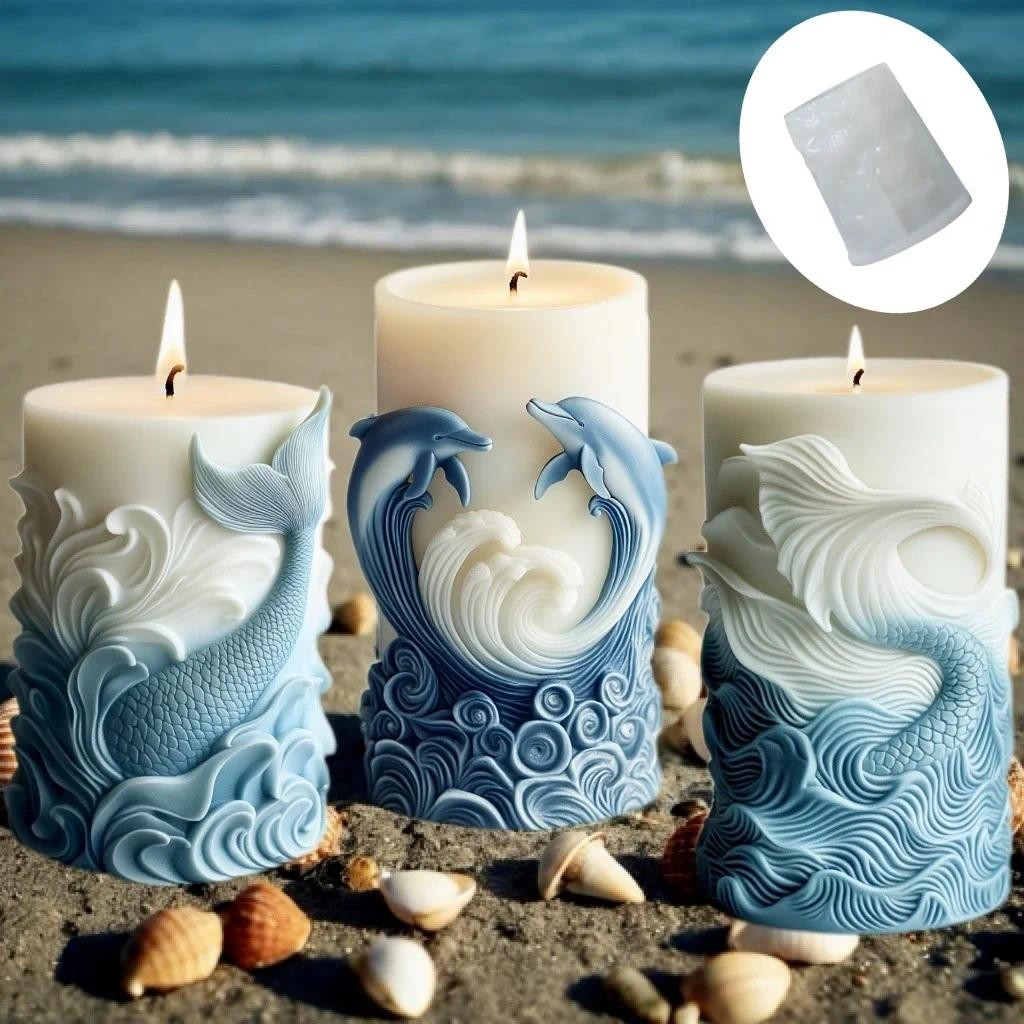 

DIY ocean wave foam cylindrical candle silicone mold whale dolphin relief cylindrical candle mould home decor gypsum resin molds