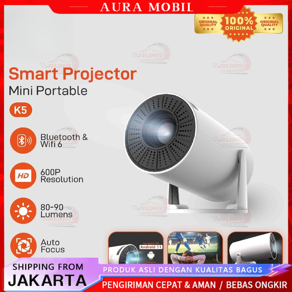 K5 Proyektor Mini Android Hp Ke Dinding Smart Portable - HD 600p, Bluetooth & WiFi, 90 ANSI Lumens, 