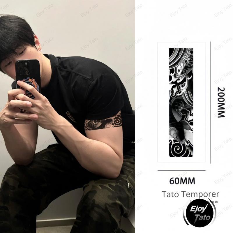 EjoyTato Temporary Tattoo,Ikan Mas Berenang Di Antara Ombak,Totem Tato Dayak Temporer,Anti Air Bisa 