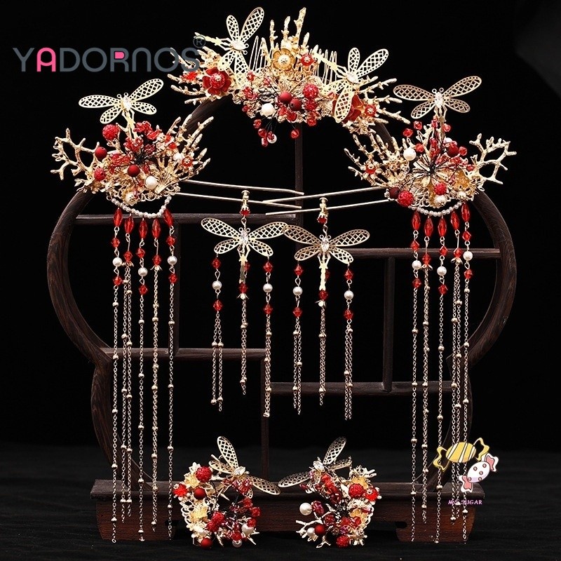 YADORNOS Tiara pengantin wanita menunjukkan pakaian Wo Toast pakaian kepala Tassel Phoenix Crown Acc