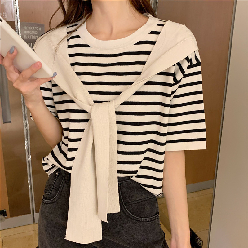 Kaos Wanita Lengan Pendek Kaos Rajut Bergaris Lengan Pendek Atasan Selendang Wanita Lengan Pendek