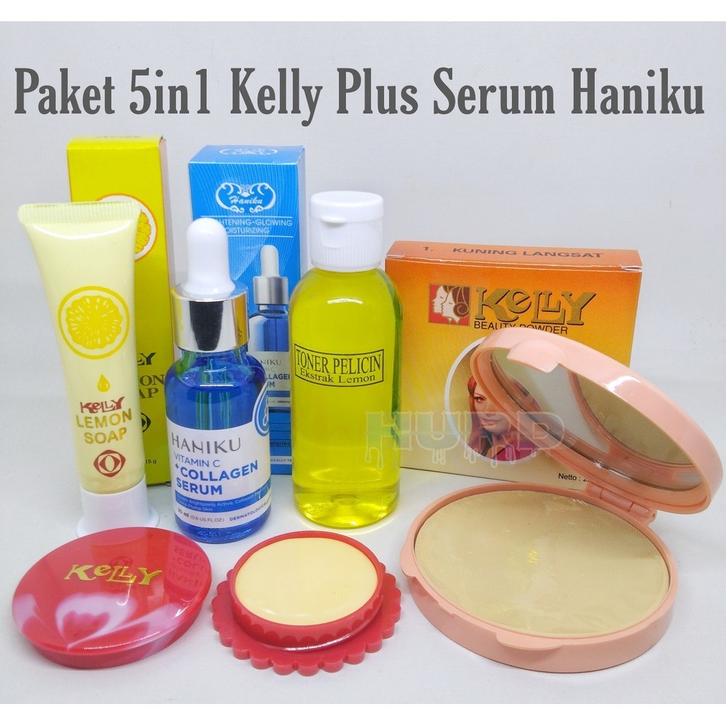 Paket 5 in 1 Kelly - Lemon Soap 15gr - Cream 5gr  - Bedak - Toner Pelicin - Serum Haniku Vit C Ori