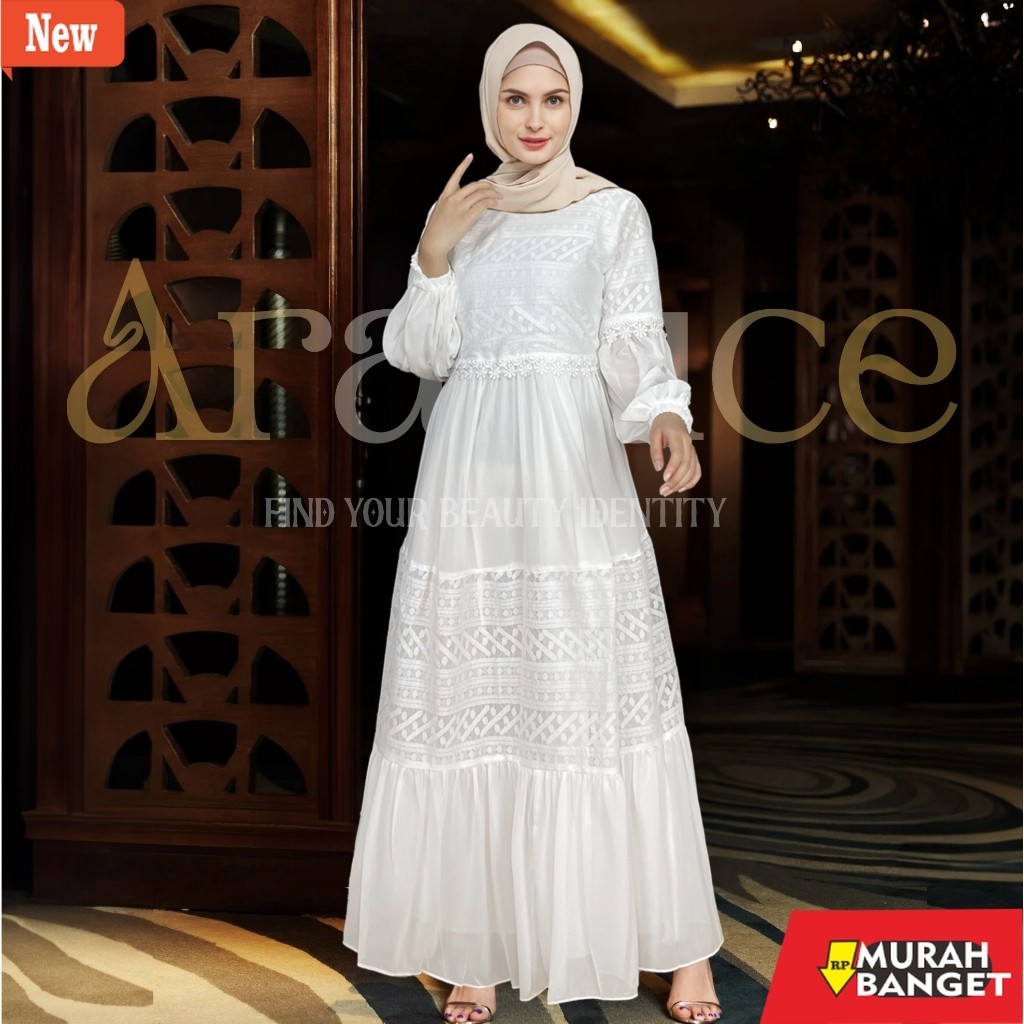 gamis kekinian tahun 2024 Baju Dress Gamis Putih Wanita Muslim By ARRALUCE Kekinian Terbaru / Gamis 