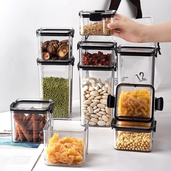 Toples Plastik Kotak Jar Bening Tempat Kopi Cemilan Food Storage Klip Kedap Udara
