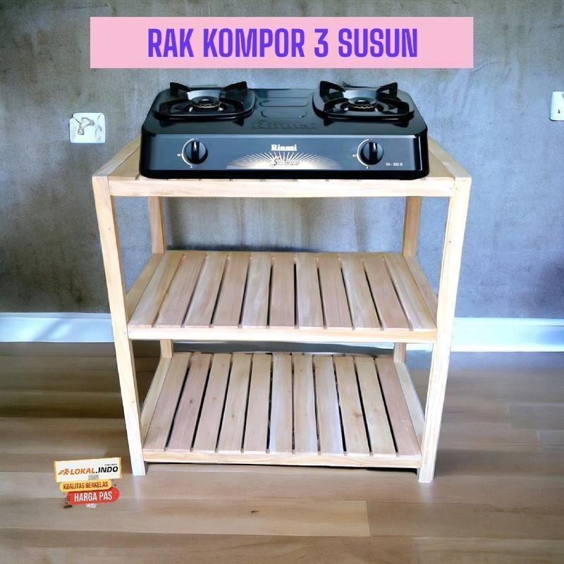 Meja Kompor Gas 3 Susun Rak Kompor 2 Tungku Rak Kayu Serbaguna