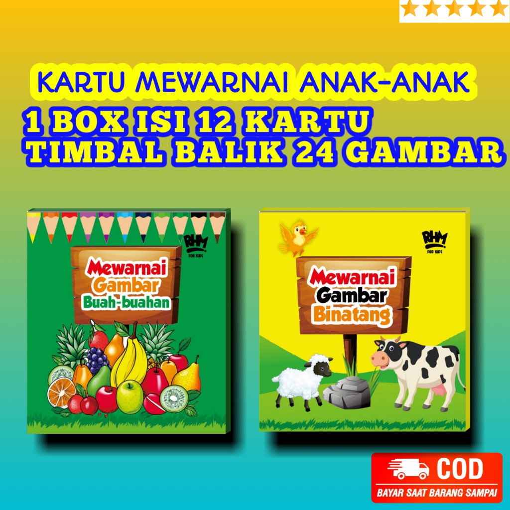 

Kartu Mewarnai Anak / Edukasi Mewarnai Karakter Hewan / Buah - Buahan / DLL /coffebooksstore
