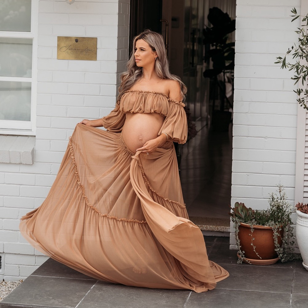Maternity Dresses for Baby Showers Chiffon One Shoulder Lace Long Sleeve Two Piece Dress Bohemian Ph