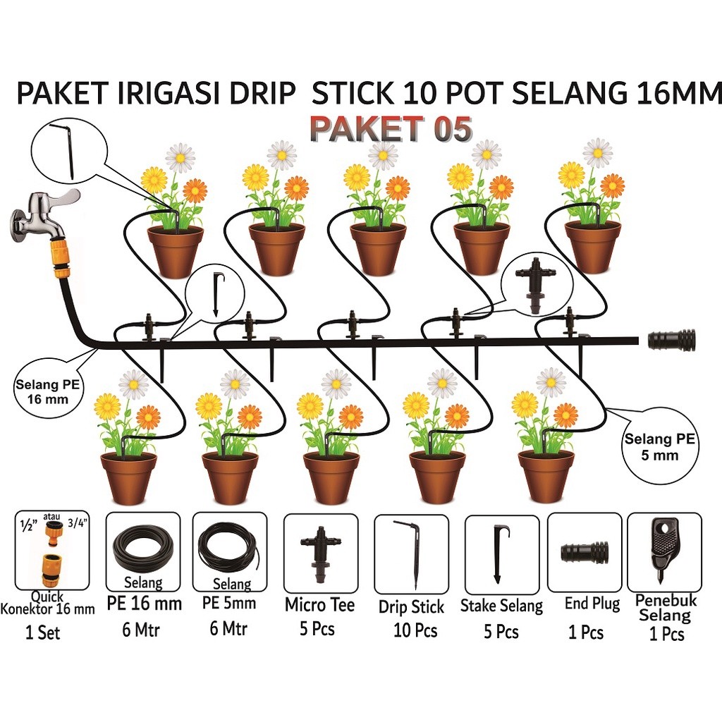 Paket Irigasi Drip Stick 10 Pot selang 16 mm / PAKET 05