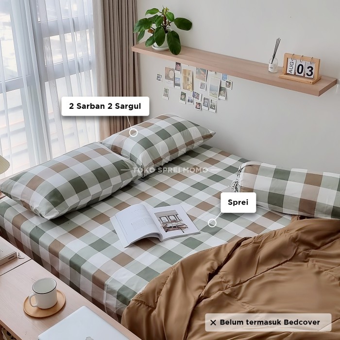 ✨TERLARIS ✨Sprei Set Microtex Gingham - Ukuran 160, 180 dan 200 x 200 [SPREI MOMO - Picnic Hazelnut,