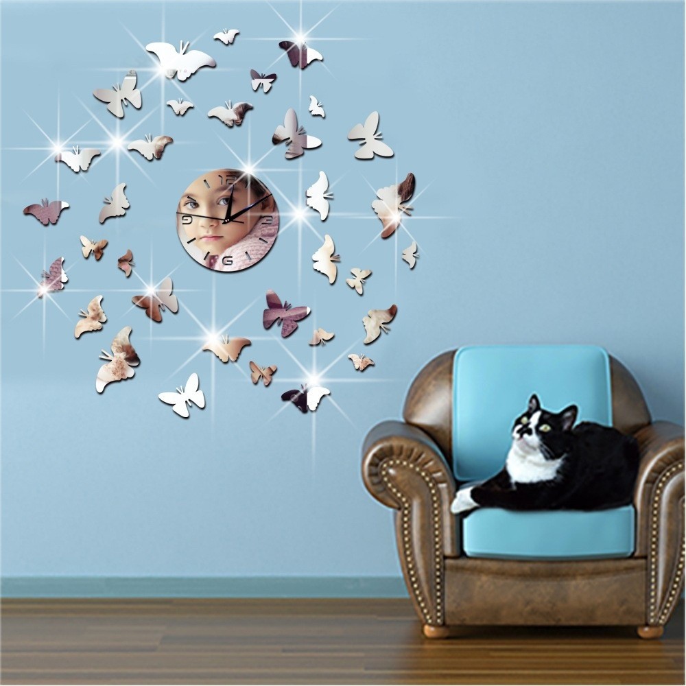 3D mirror quartz wall mirror clock sticker , Many crystal butterfly swirls mirror sticker wall clock