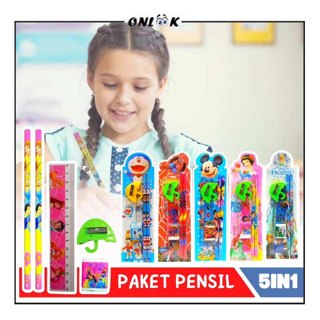 

Set Alat Tulis Sekolah Karakter 5 In 1 / Mini Stationery Set Character / Paket Pensil Penggaris Penghapus Rautan Bergambar Kartun Peralatan Menulis Anak