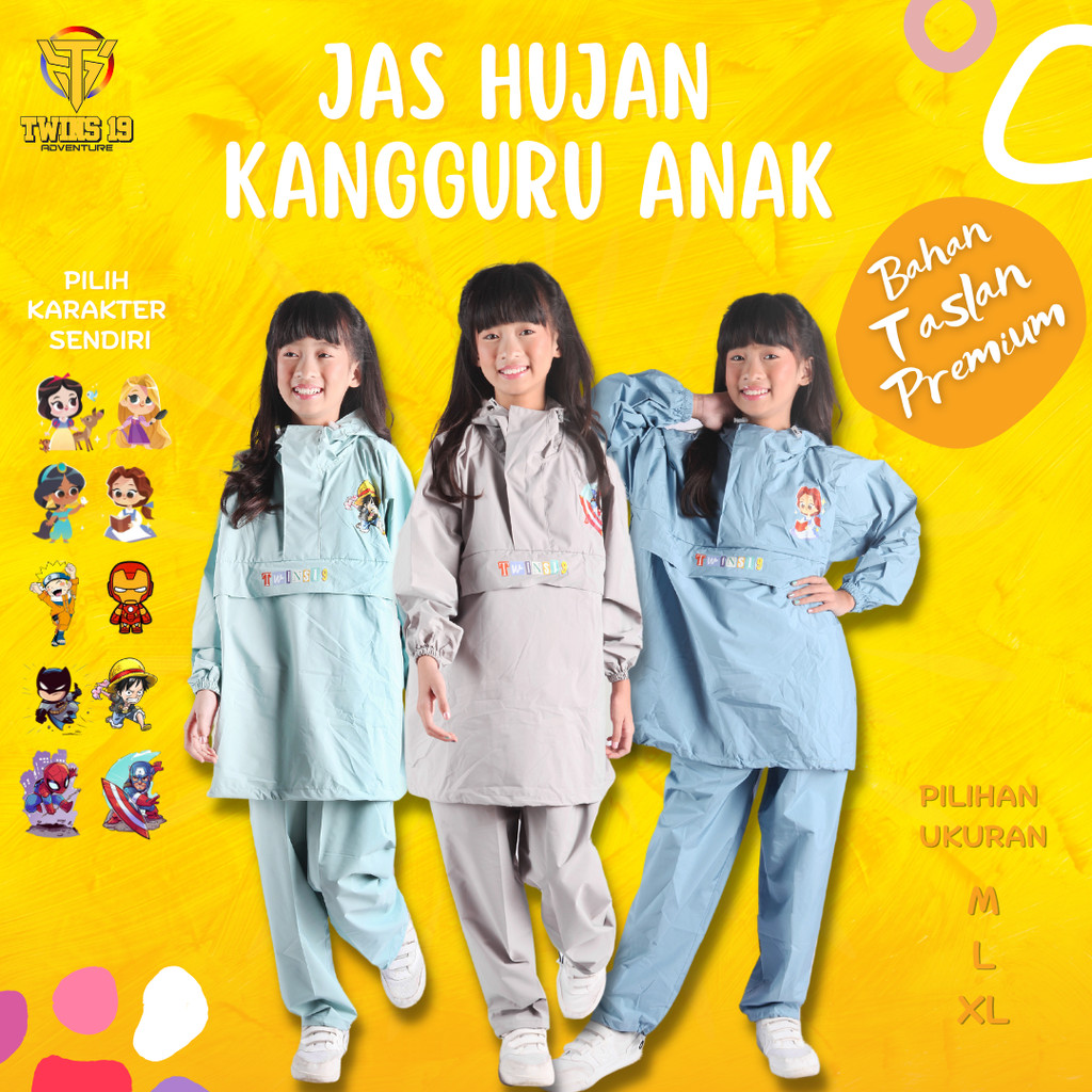PL26Y Jas Hujan Anak Model Kangguru Karakter Hoodie Murah Bahan Taslan Lengan Polos Jas Hujan Dewasa