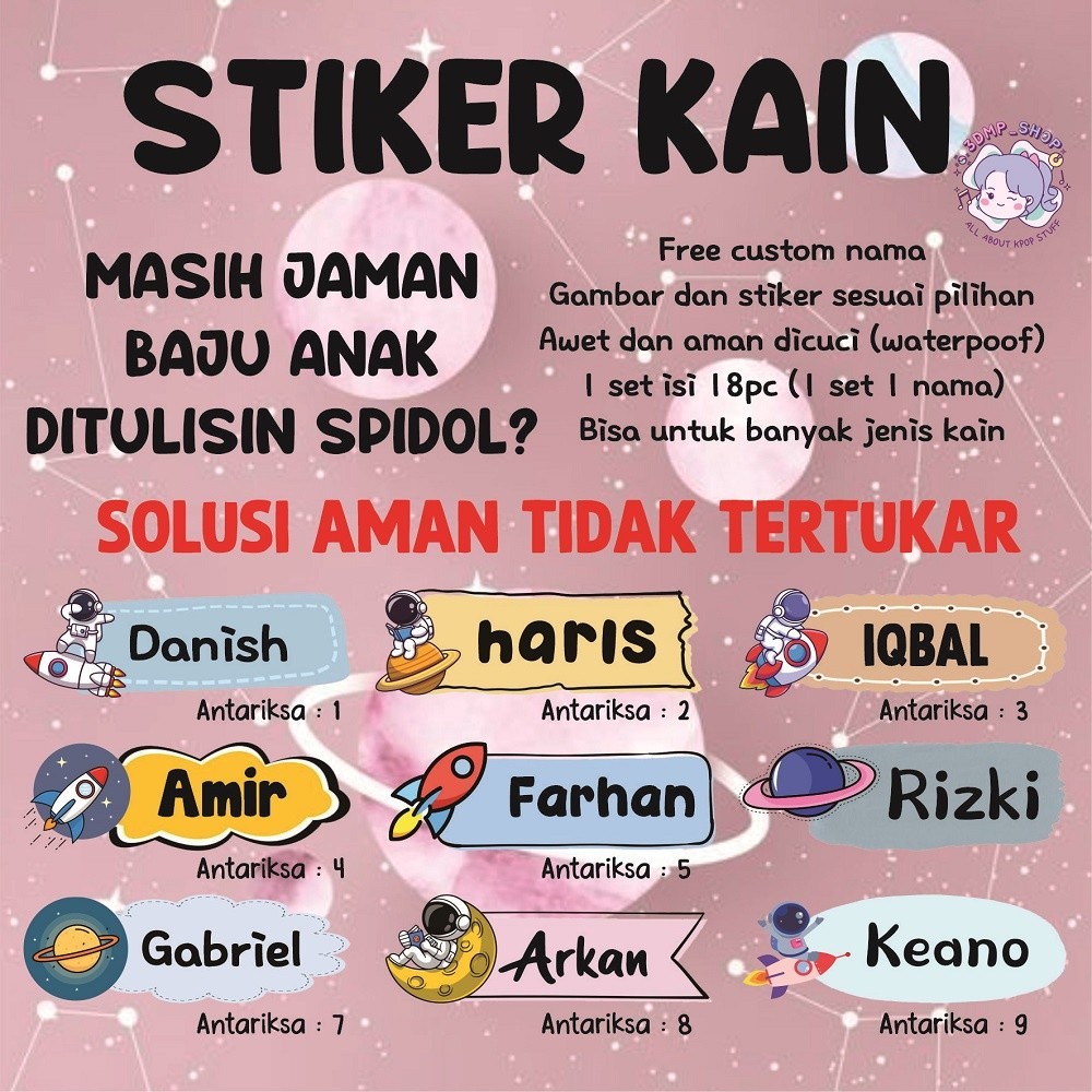 

Stiker nama kain baju custom label sablon setrika laki laki pria anak marvel antariksa