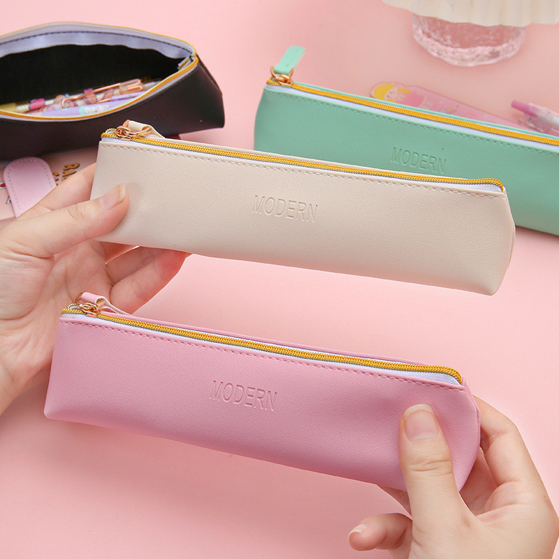 

New PU Leather Zipper Pen Pencil Bag Simple Vintage Color Case Storage Pouch for Pens Stationery School Mini Pencils Bag