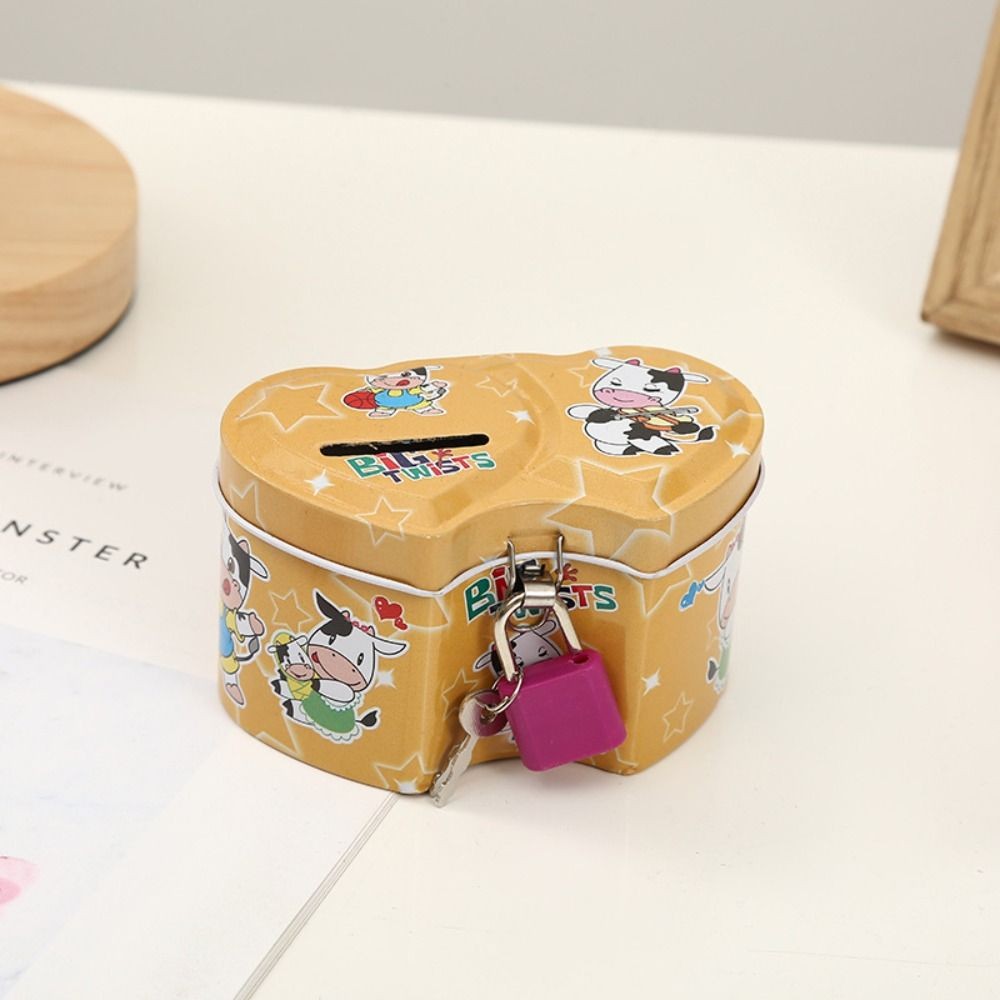 

With Lock and Key Tinplate Piggy Bank Cartoon Print Design High Capacity Coin Savings Box Cute Iron Art Kids Storage Jar Bedroom