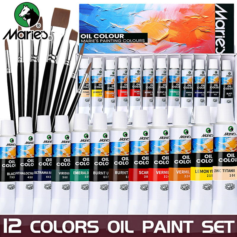 

19 pcs Marie's Oil Paint Kit,12 Colors Oil-Based Pigment & 7pcs Brushes,12ml/0.42oz Tubes,Vibrant Oil Painting Set for Crafters