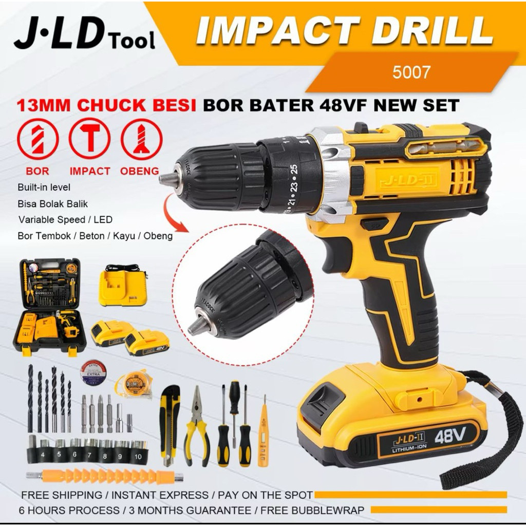 Mesin Bor Batere JLD Kuning Type King 48v & 36v Drill Cordless JLD-II Cordless Drill 48Vf Impact Ful