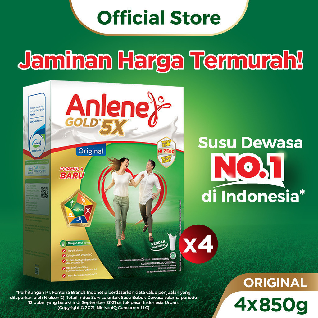 

Anlene Gold 5X Susu Bubuk Dewasa Original 4 x 850g - Nutrisi Tinggi Kalsium Untuk Tulang, Sendi, dan Otot