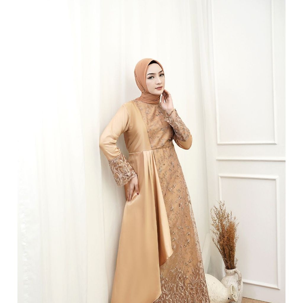 Gamis Mafaza Brokat TilLe Bordir Maxi Dress Lebaran Brukat Tulle Baju Muslim / Dres Muslim Pesta Kon