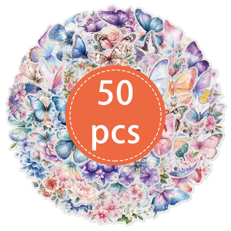 

50PCS Color Butterfly Graffiti Stickers Cartoon Cute DIY Aesthetic PET Decorative Sticker Luggage Guitar Laptop Phone Stickers