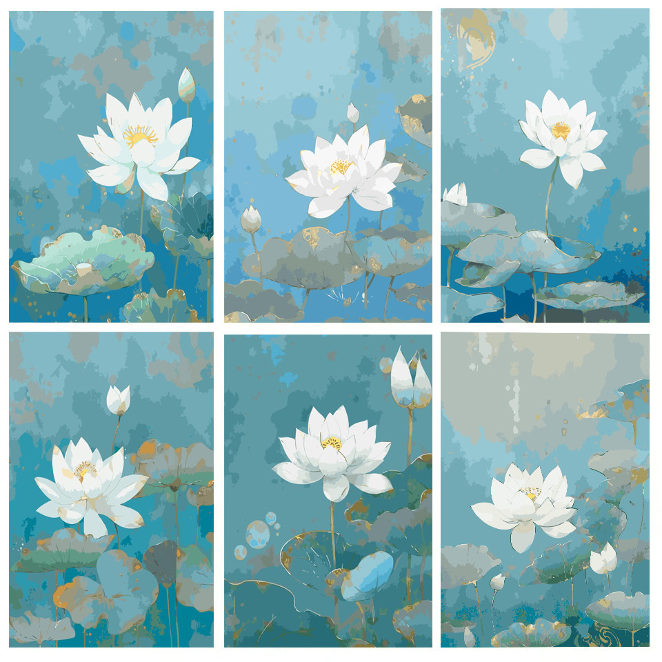 

Hand Painting Cartoon white lotus landscape flowers Painting By Numbers Kit DIY Artwork Canva Art GiftHome Decoration Gift