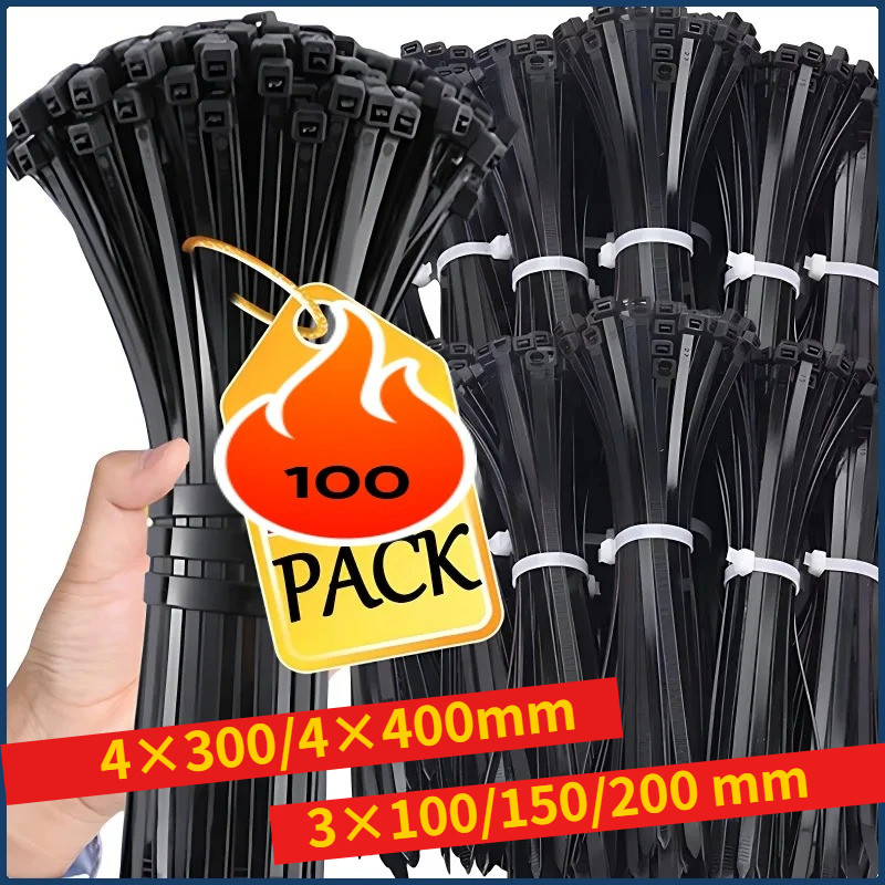 

100 PCS 4×300/400mm Self-locking Plastic Nylon Tie Black Fastening Strap Cable-Tie-Set Cable Zip Fastening Tie Wraps Strap Tie