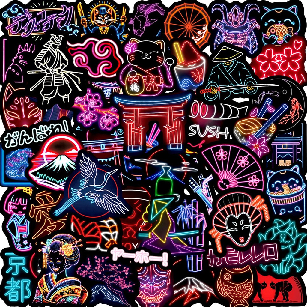 

50Pcs Neon Japanese Style Traditional Culture Stickers Aesthetic For Laptop Water Bottle Luggage Waterproof Vinyl Decals